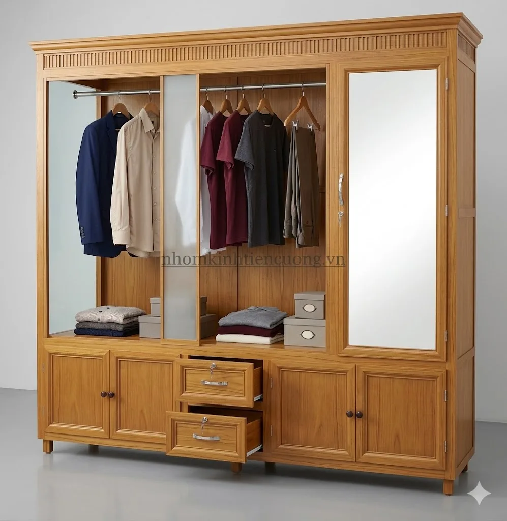 Tủ quần áo nhôm kính vân gỗ cửa lùa