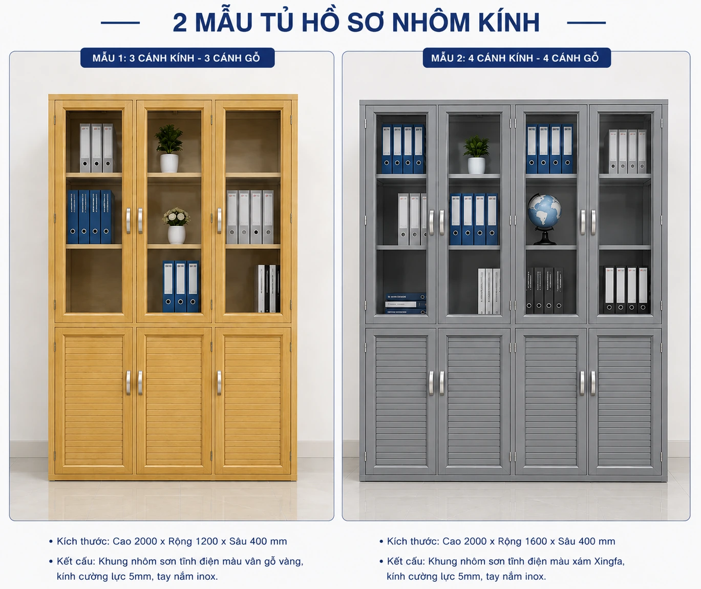 Ảnh so sánh tủ màu vàng ba cánh kính và tủ màu xám bốn cánh kính