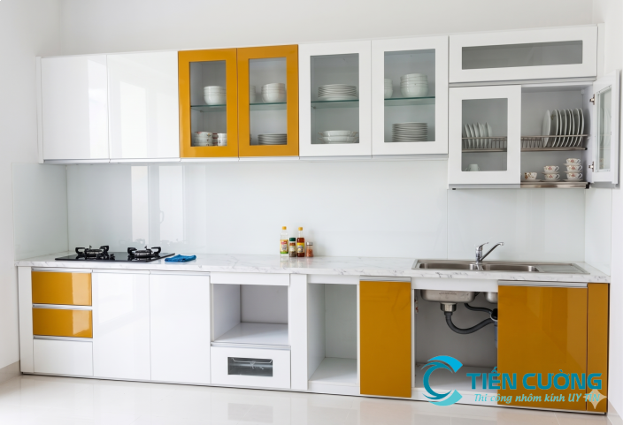 Tủ bếp nhôm kính tphcm cánh kính cường lực đẹp