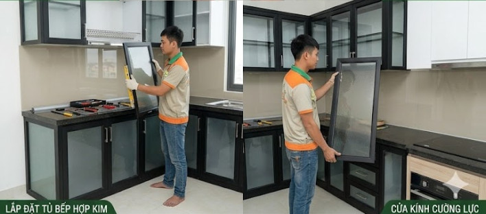 Tủ bếp nhôm kính chữ I nhỏ gọn cho nhà nhỏ