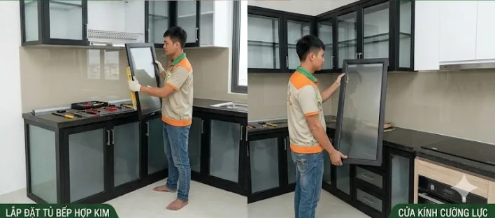 Tủ bếp nhôm kính chữ I nhỏ gọn cho nhà nhỏ