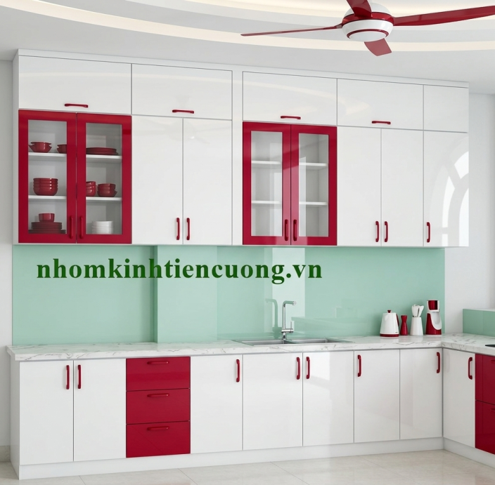 Tủ bếp nhôm kính trắng& đỏ đô hiện đại