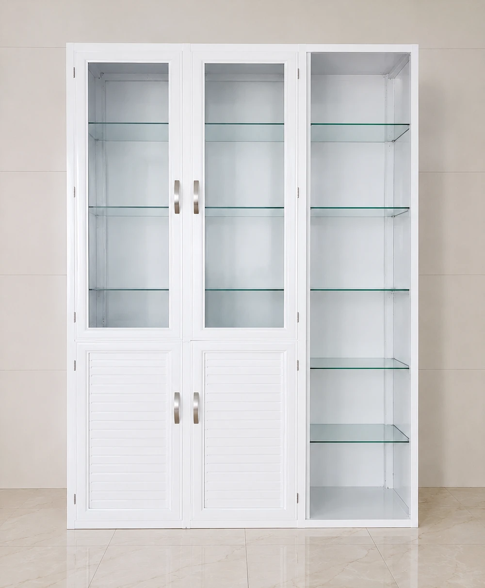 Tủ trắng chưa xếp đồ, có các đợt kính và dãy kệ mở bên phải
