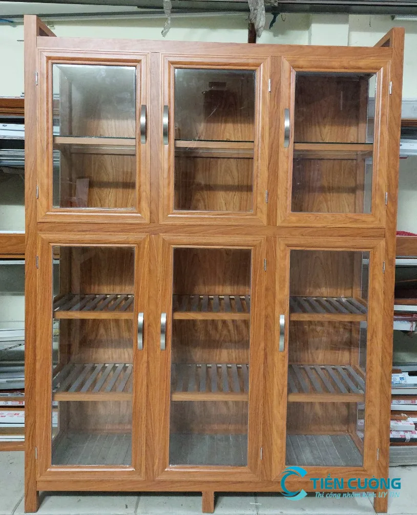 Tủ Nhôm Kính Chén Bát Đẹp, Bền, Giá Rẻ TPHCM hiện nay - hình ảnh thực tế mẫu tủ nhôm kính chén bát vân gỗ sang trọng