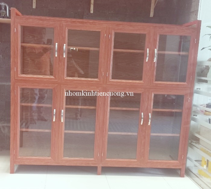 tủ chén nhôm kính giả gỗ đẹp hiện đại