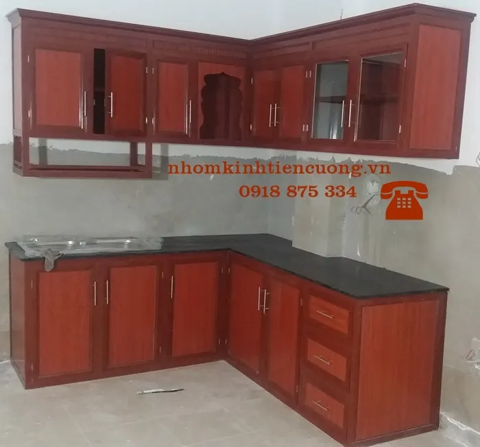 Tủ Bếp Nhôm Kính Vân Gỗ Đẹp
