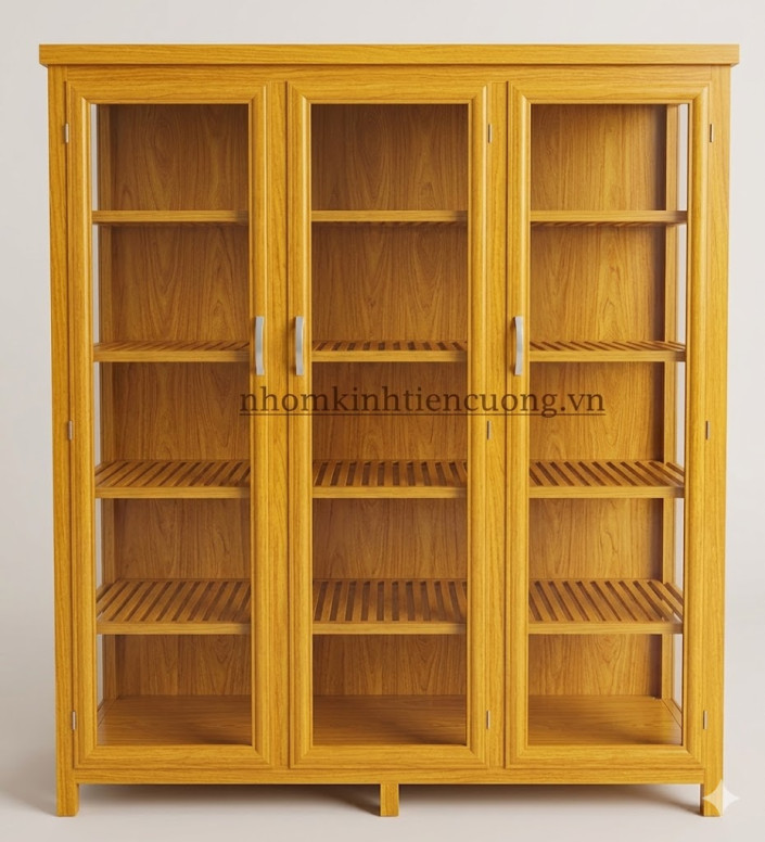 Tủ chén nhôm kính giả gỗ hiện đại