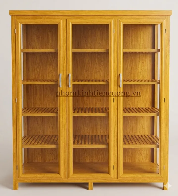 Mẫu Tủ Chén Nhôm Kính Đẹp Cho Căn Bếp Hiện Đại Bền Và Dễ Vệ Sinh - hình ảnh thực tế Tủ chén nhôm kính giả gỗ hiện đại