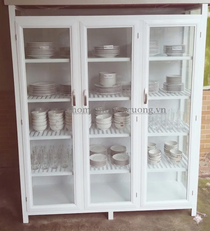Mẫu Tủ Chén Nhôm Kính Đẹp Cho Căn Bếp Hiện Đại Bền Và Dễ Vệ Sinh - hình ảnh thực tế Tủ chén nhôm kính màu trắng đẹp