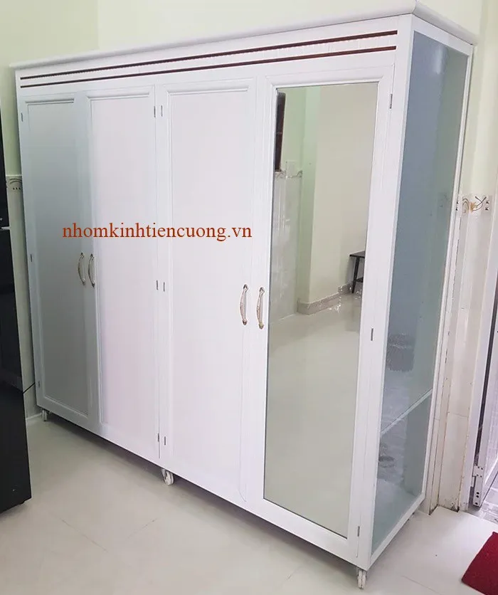 Tủ quần áo nhôm kính màu trắng sứ chống ẩm cao cấp