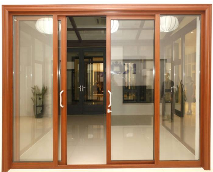 Cửa nhôm kính giả gỗ màu óc chó đẹp sang trọng