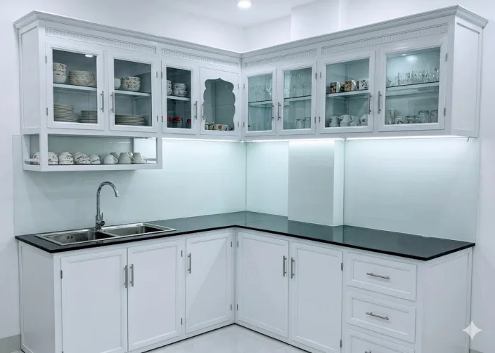 Kính Màu Ốp Bếp Loại Nào Tốt - Kinh Nghiệm Chọn Đẹp Bền Chuẩn - hình ảnh thực tế kính cường lực ốp bếp màu xanh ngọc đẹp