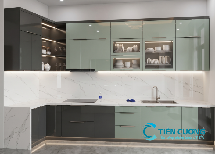 Tủ bếp nhôm kính chữ L phù hợp nhiều không gian