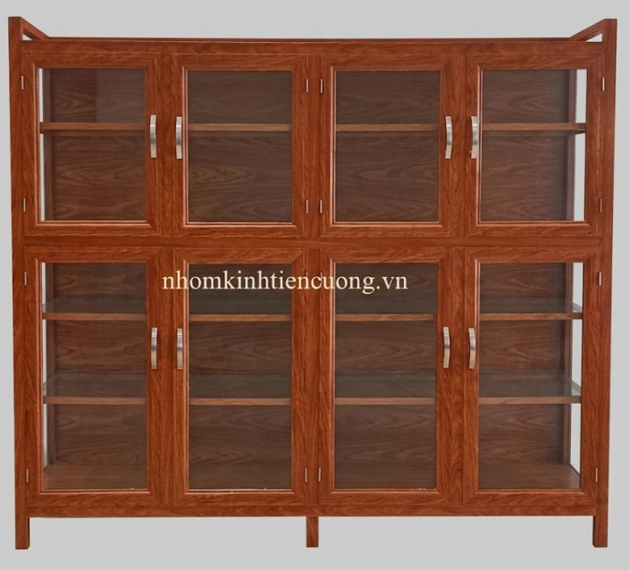 Tủ chén nhôm kính giả gỗ tạo điểm nhấn cho không gian bếp