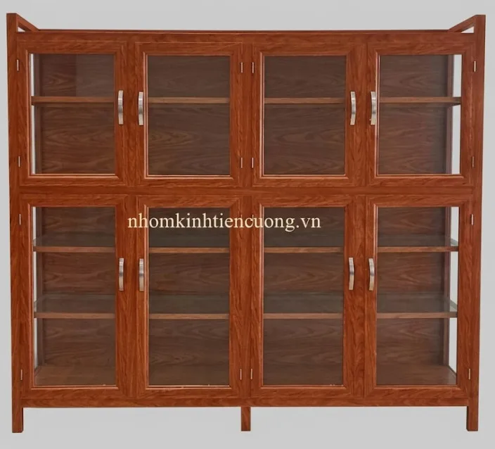 Tủ chén nhôm kính giả gỗ tạo điểm nhấn cho không gian bếp