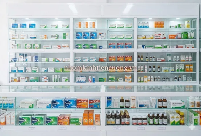 5 Kinh Nghiệm Thiết Kế Nhà Thuốc Tây Đẹp Chuẩn Gpp Tối Ưu Diện Tích - hình ảnh thực tế Mẫu tủ thuốc tây nhôm kính màu trắng sứ