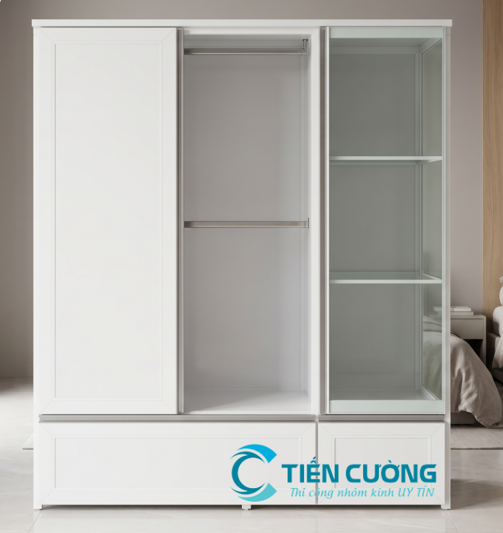 Bên trong tủ quần áo nhôm kính thiết kế nhiều ngăn tiện lợi