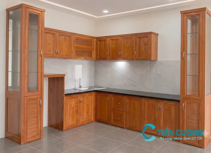 Tủ bếp nhôm kính vân gỗ đẹp
