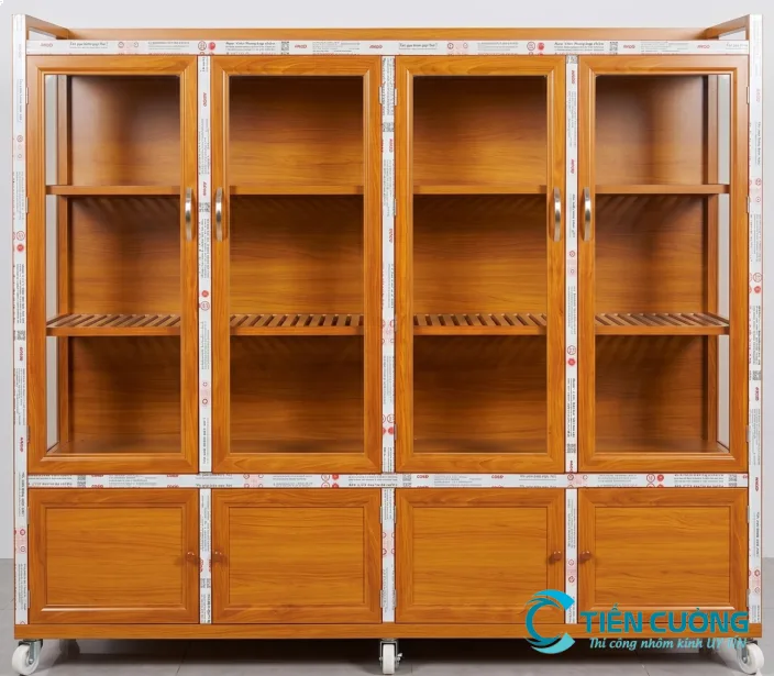 Mẫu tủ chén nhôm kính vân gỗ cao cấp