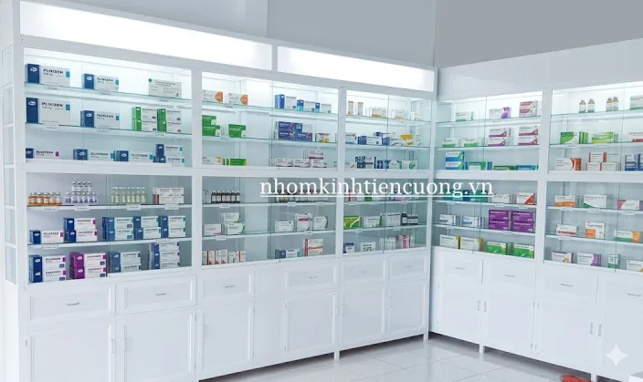 5 Kinh Nghiệm Thiết Kế Nhà Thuốc Tây Đẹp Chuẩn Gpp Tối Ưu Diện Tích - hình ảnh thực tế Tủ thuốc tây nhôm kính hiện đại tối ưu diện tích
