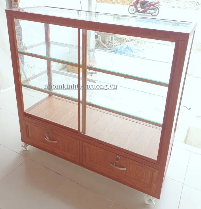 Tủ nhôm kính mỹ phẩm màu trắng đẹp tinh tế